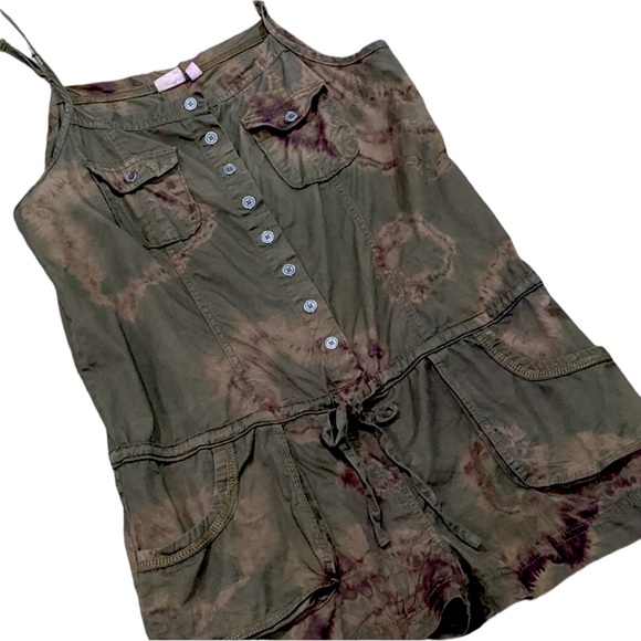 MUDD Khaki Button Front Custom Tie-Dye Romper - Picture 2 of 13